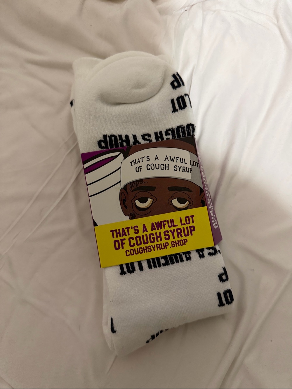 White Graphic Crew Socks with Bold Yellow Label